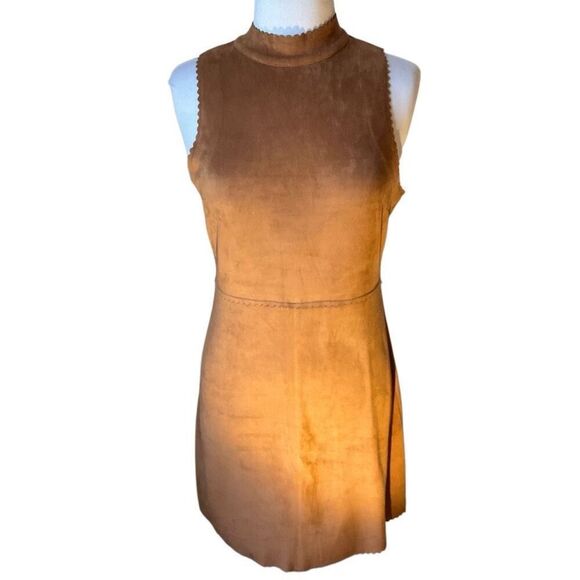 HYFVE Scalloped Hem Mini Dress, Large. Faux Brown Suede. Microfiber. Pretty - Picture 5 of 14